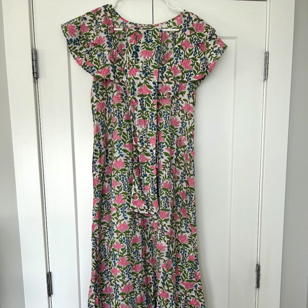 Le Bazar Coastal: Indian Block Print Maxi Dress with Scalloped neckline